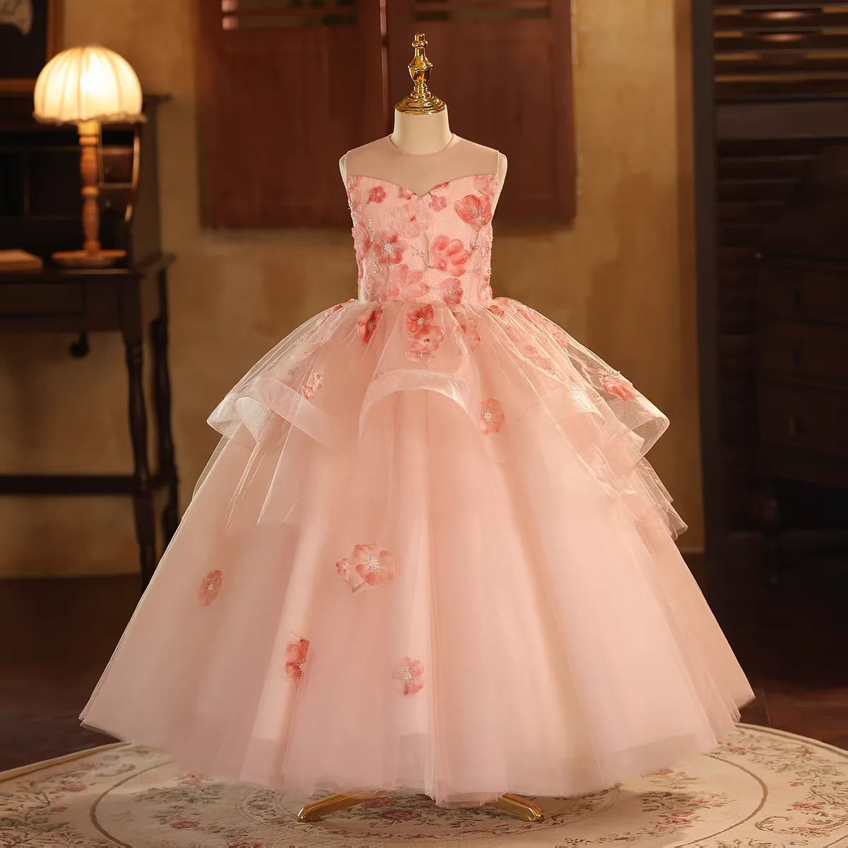 Фото Dreamy Vow D189 Розовое элегантное платье с цветочным узором для девочек с 3D цветами Юбка трапециевидной формы принцессы для дня рождения, свадьбы, дня чести №1