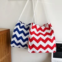 european style canvas bag wavy handbag artistic style shoulder bag fashion shopping bag casual stripes ladies bag