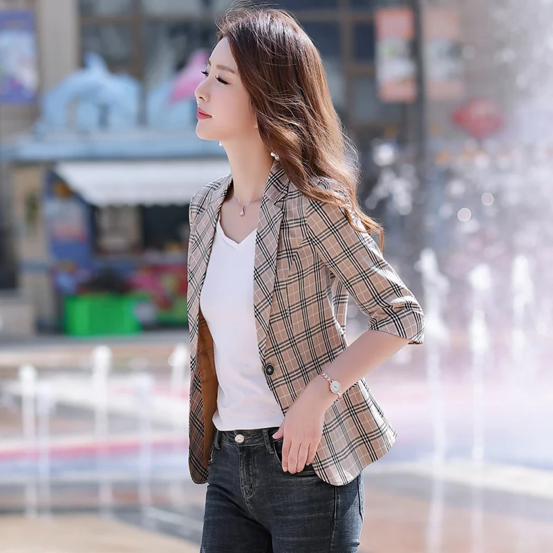 2022 New Spring Plaid Blazer Women Casual Short Small Suit Lady Single Button Three Quarter Office Women's Suit Jacket Ladies
