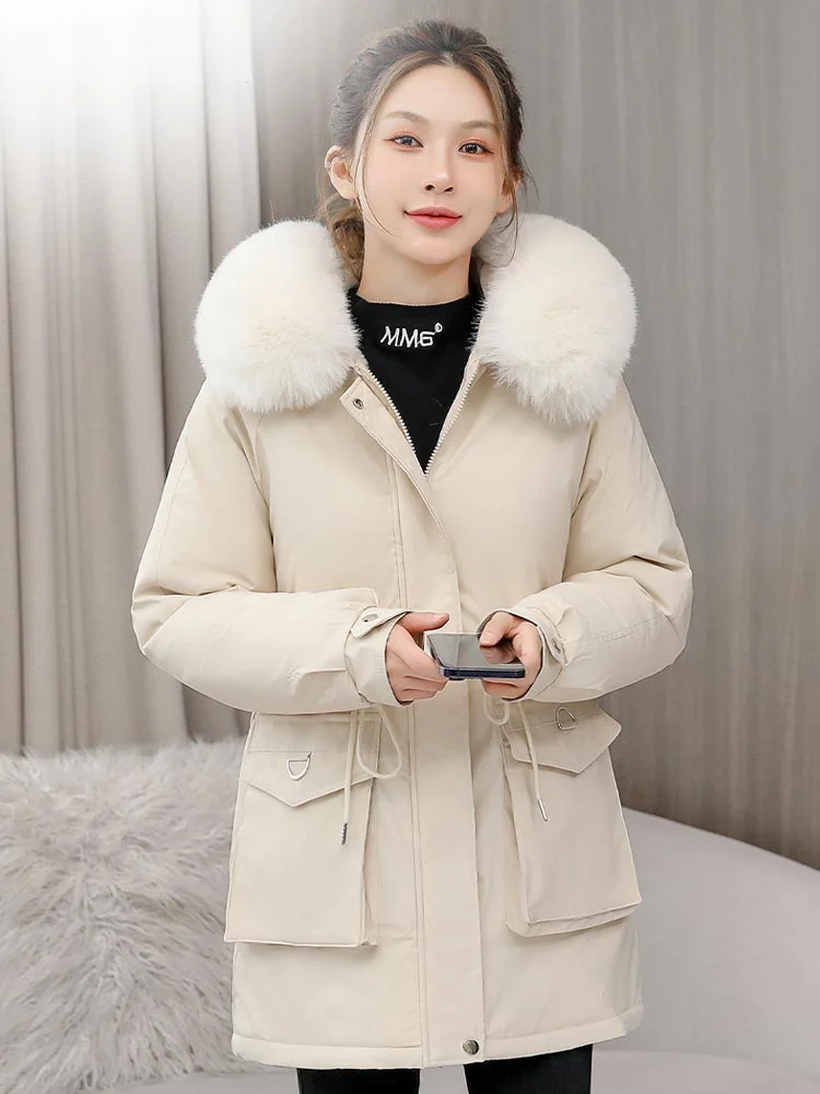 MEILLY DOLPHIN 2023 New Winter Fur Hooded Long Sleeve Jacket Women Solid Cotton-padded Warm Loose Parkas Coat Fashion Outwear