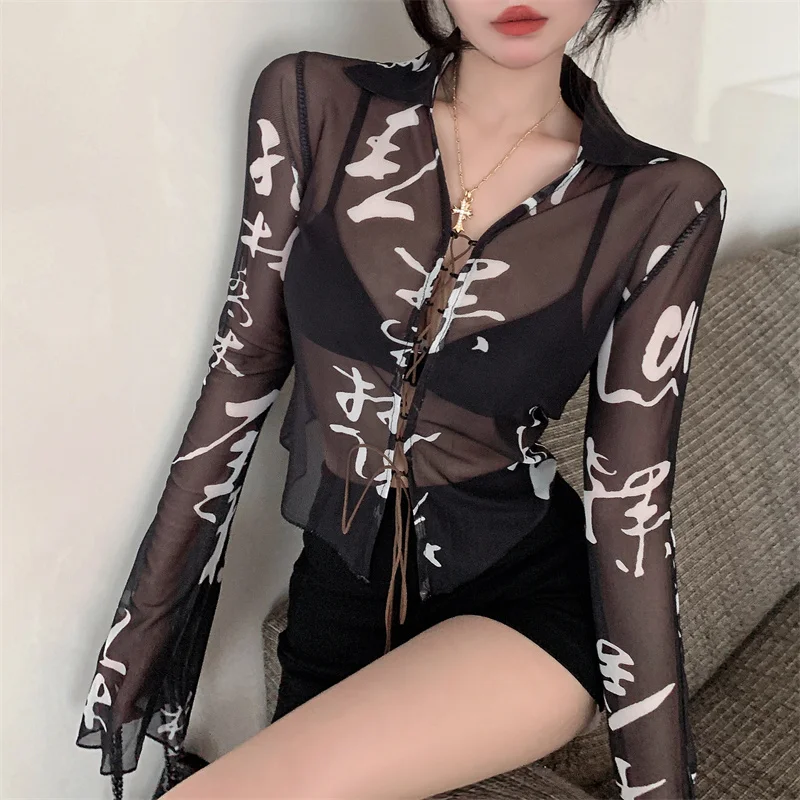 

Lady Lace-up Hollow Out Transparent Long Flare Sleeve Shirts Female Character Print Thin Mesh Shirt 2023 Black Khaki Chic Top