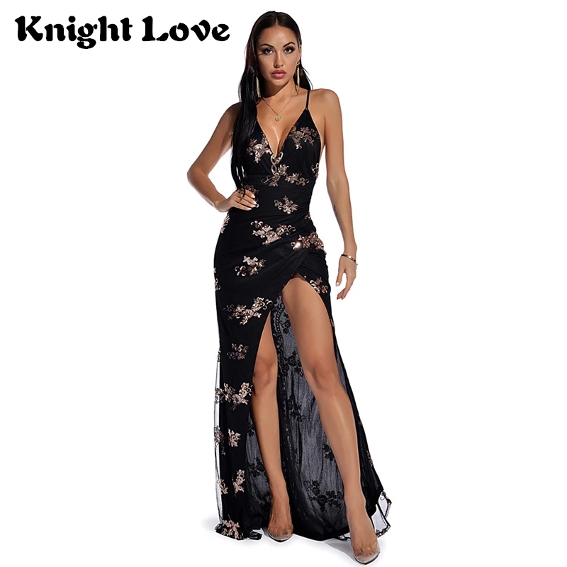 

Sexy V-neck Sequin Party Dresses Women Summer Black Spaghetti Strap High Split Maxi Dress Female Evening Long Dress Vestidos