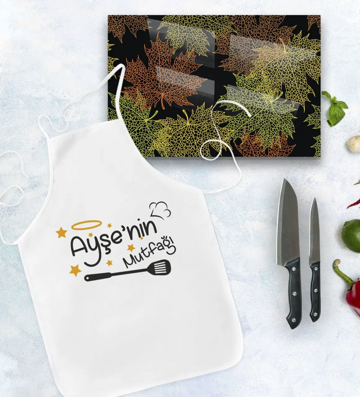 

Personalized kitchen apron and glass cutting tray gift set Model 13