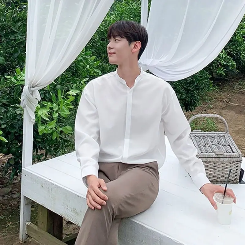 Серо-синяя полиэстерная рубашка с воротником-стойкой