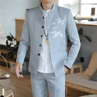 Комплект из 2 предметов, пиджак и брюки, модное мужское Повседневное платье из льна в китайском стиле с воротником-стойкой, блейзеры, куртка и брюки, 2022