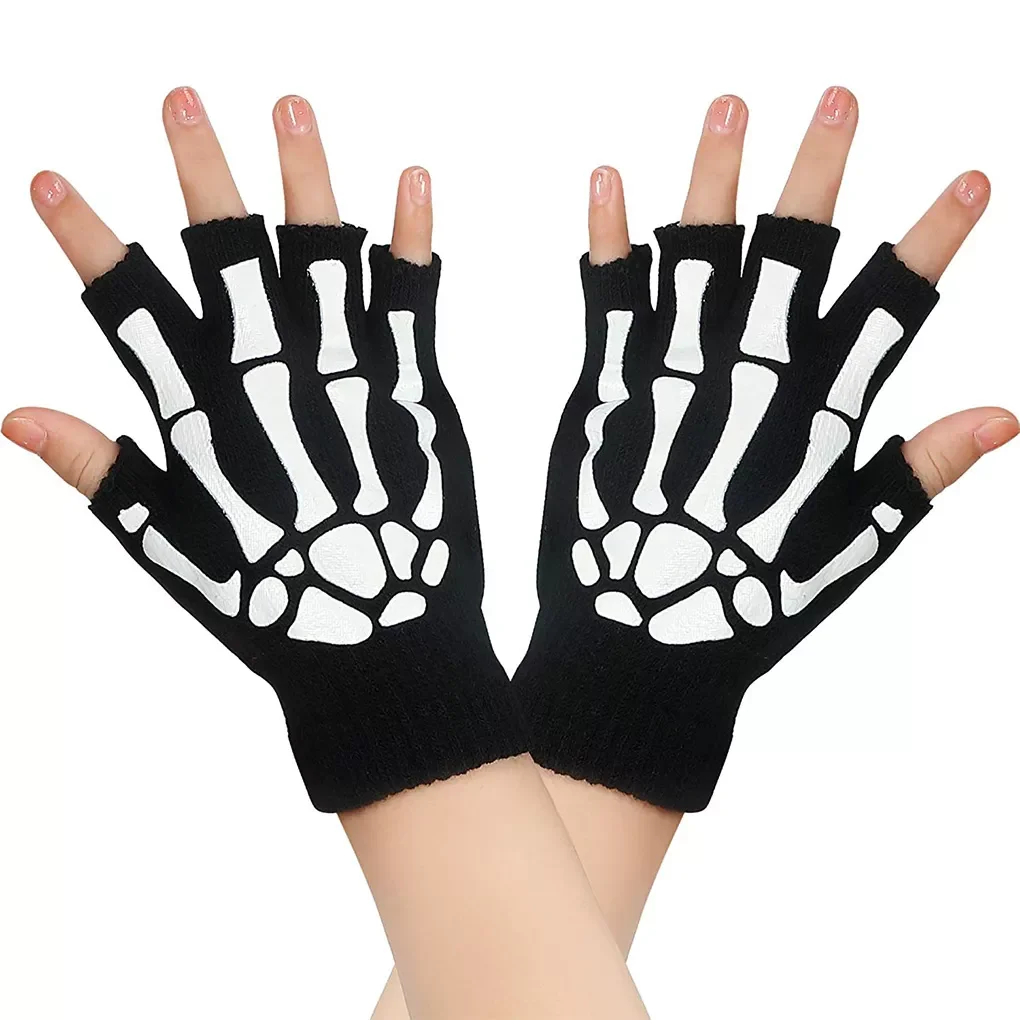 

Warm Knitting Gloves Men Women Cycling Non-Slip Wrist Gloves Workout Half Fingers Mittens Skeleton Head Gripper Print Gloves