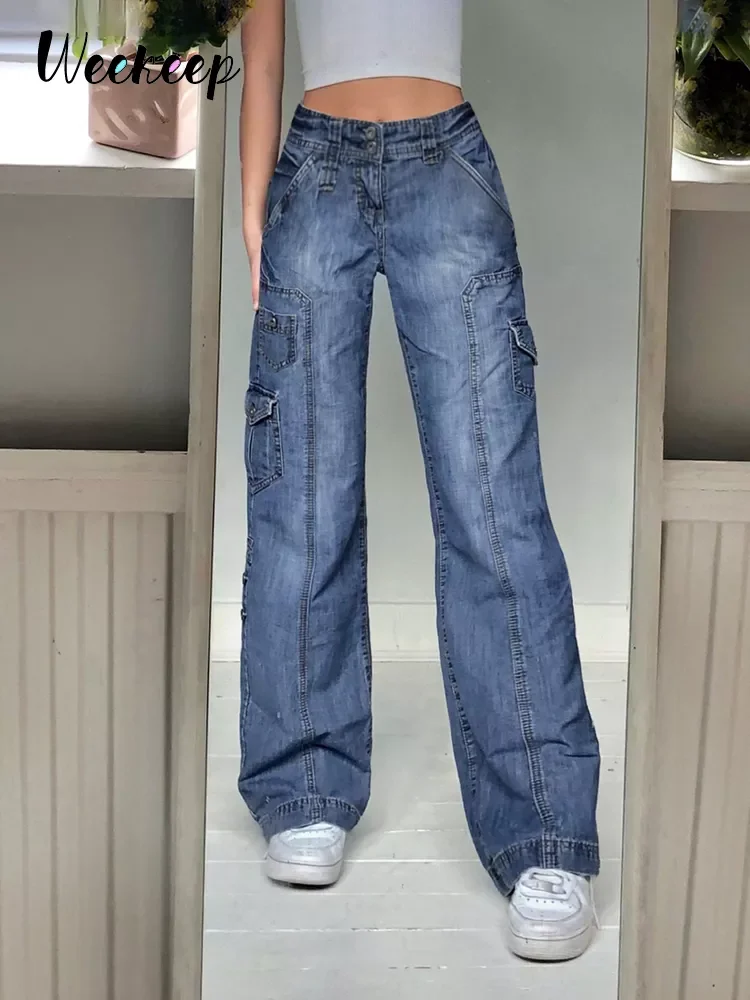 

Женские джинсы Weekeep Y2k, уличная одежда, джинсы с высокой талией, широкими штанинами и карманами, лоскутные мешковатые брюки-карго, винтажные ...