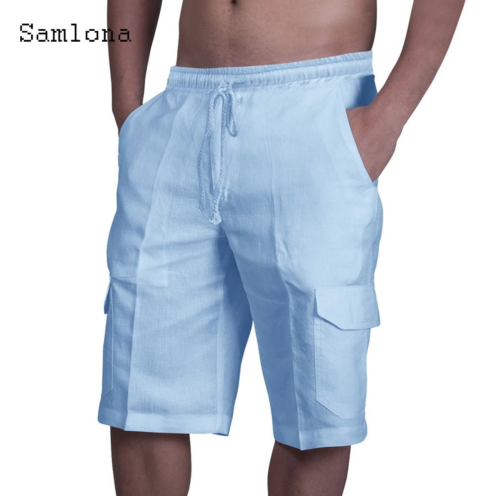 Samlona Men Pocket Design Linen Shorts 2022 Summer New Sexy Lace-up Skinny Shorts Plus Size 3xl Male Casual Beach Half Pants