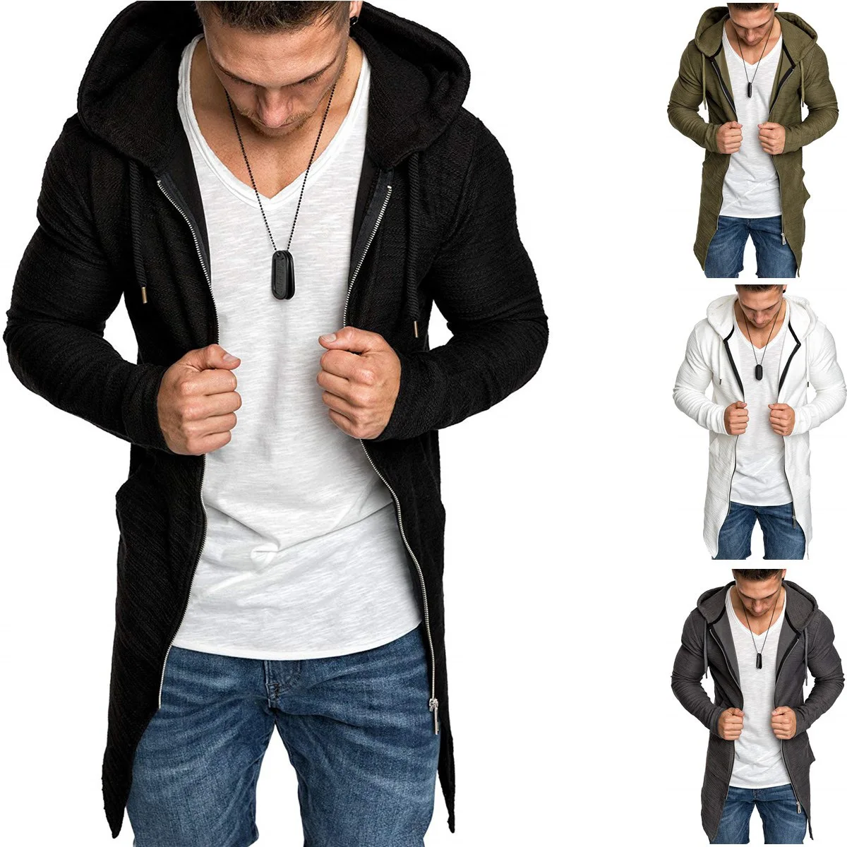 

Autumn Winter Spring Men's Windbreaker Fashion Slim Fit Mid length Swallowtail Sweater Cardigan Zipper Windbreaker Men's Pocket
