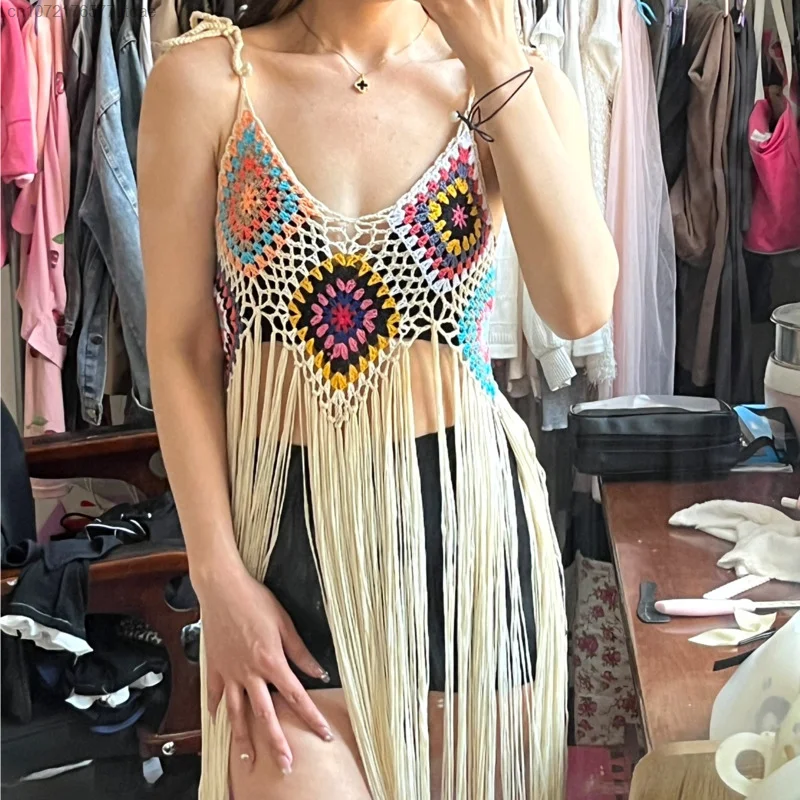 

Tassel Suspender Bohemian Style Crochet Tops Women Sexy Backless Sleeveless China-chic Ethnic Style Hollow Out Lengthen Vest