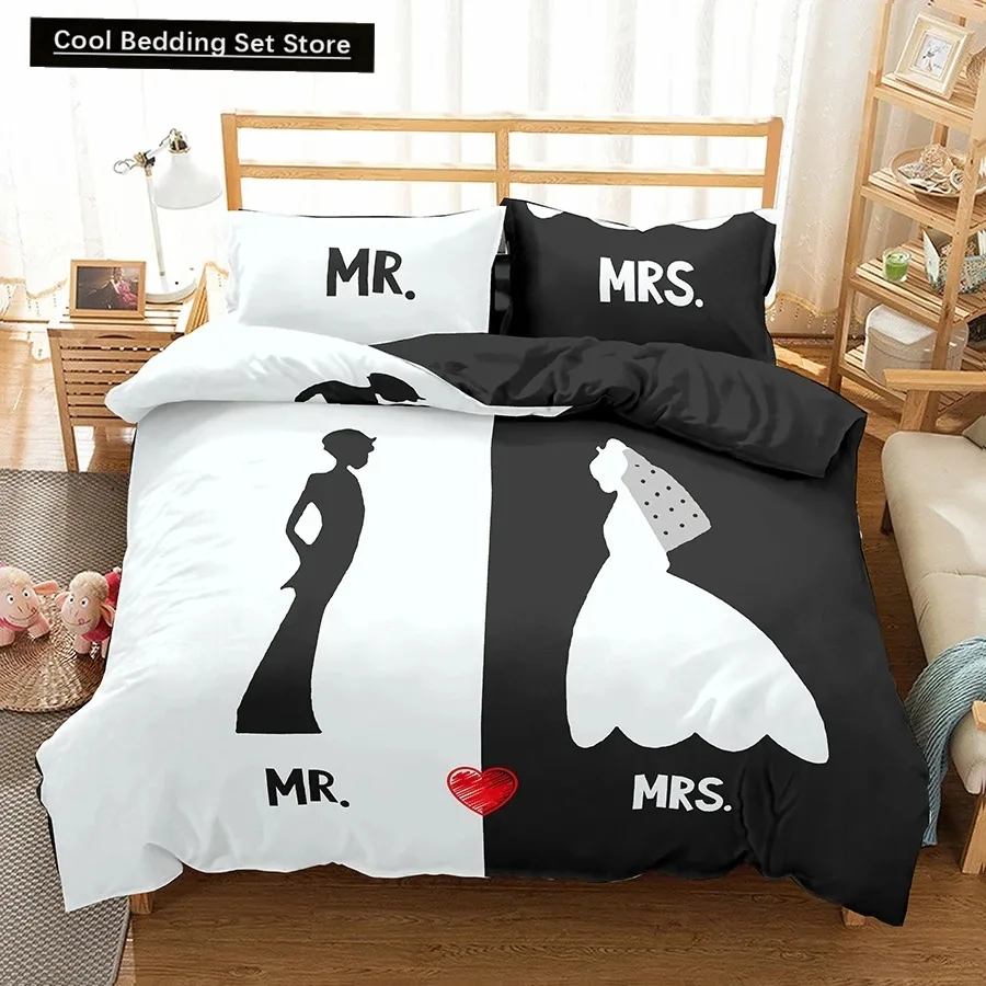 Lover Couples King Queen Duvet Cover Black and White Printed Bedding Set for Adults Valentine's Day Bedroom Decor Quilt