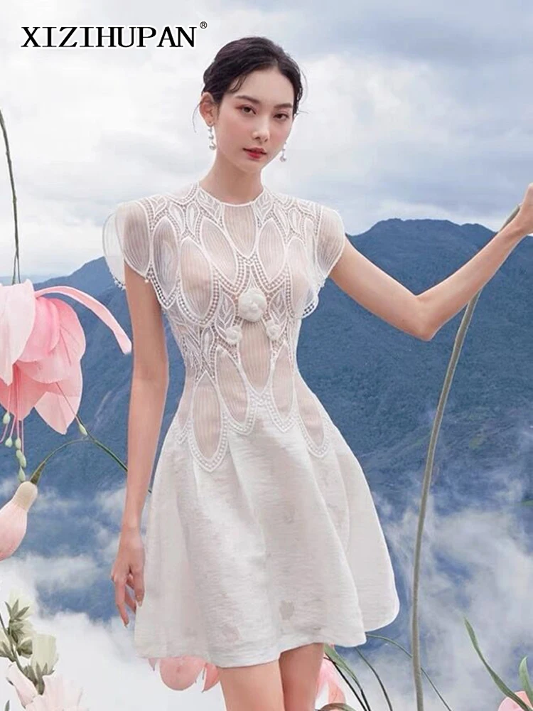 

XIZIHUPAN Sexy Patchwork Embroidery Dress For Women Round Neck Sleeveless Lace Panel High Waist Dresses Female 2022 Clothing New