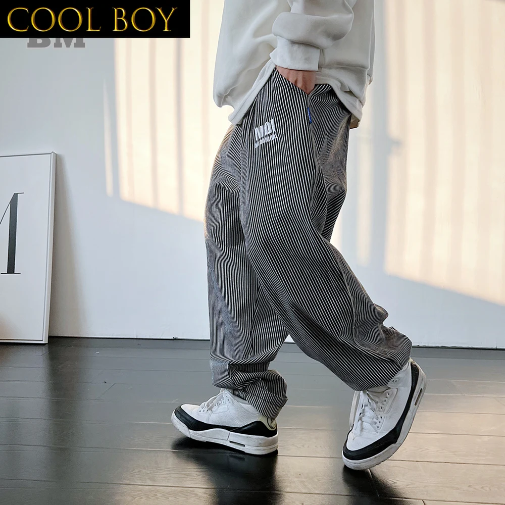 J BOYS Boutique  Fashion Hip Hop Stripes Loose Embroidery Harem Pants Men Streetwear Poppin Dance Pants Harajuku Straight Casual