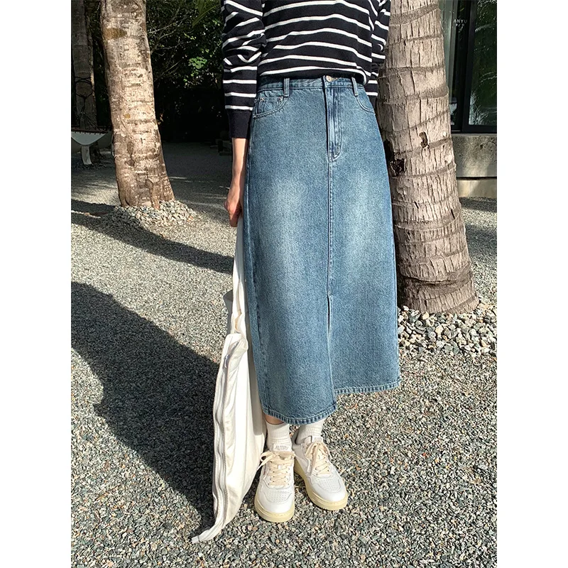 

Spring Jean Denim Women Cowboy Skirts High Waist Retro Y2k 80'S Blue Color Lady Straight Long Skirt Clothes