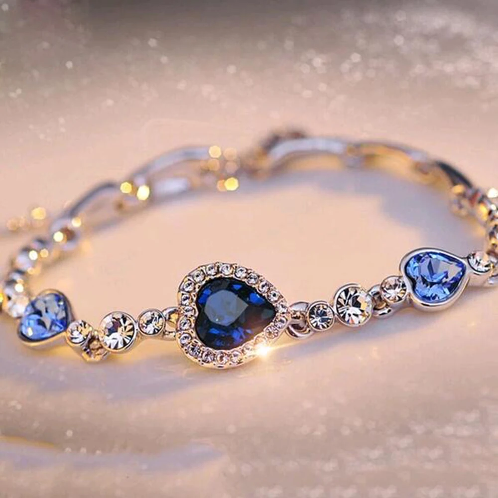 

2022 New Fashion Hottest Womens Ladies Rhinestone Bangle Ocean Blue Bracelet For Women Chain Heart Jewelry Party Gifts