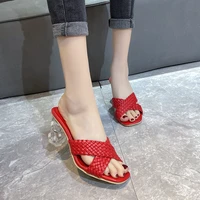 summer new design weave womens slippers square toe heels high pu leather slippers gladiator beach womens sandal slides shoes