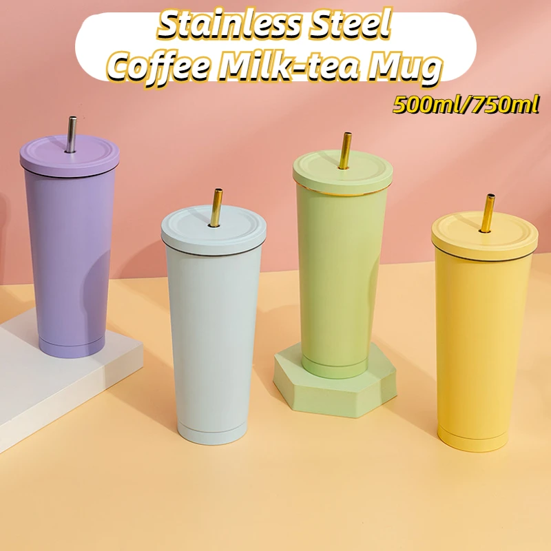 

500/750ml MAcaron Coffee Cup with Straw Thermos Bottle Stainless Steel Double-layer Insulation Cold And Hot Car Travel Mug