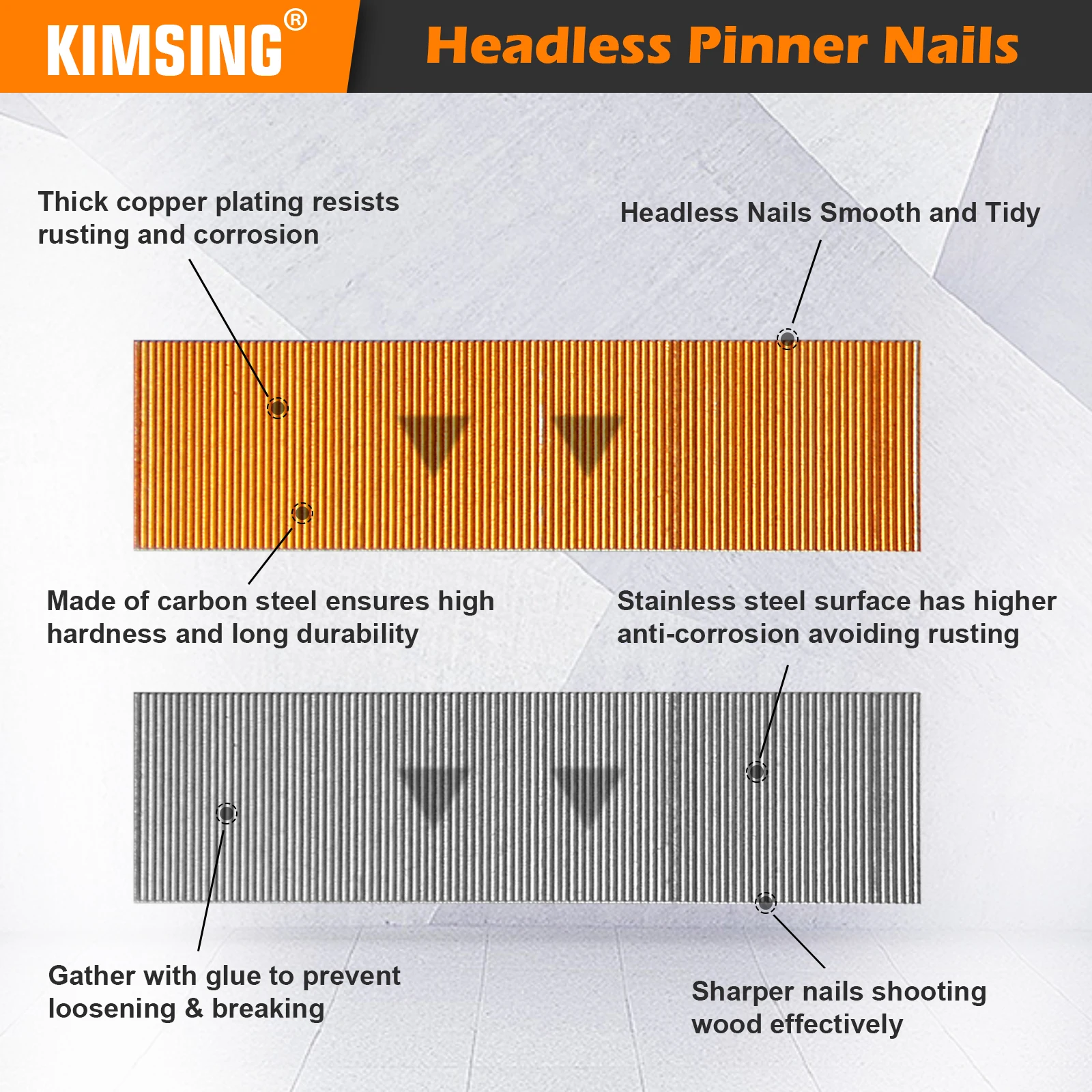 KIMSING P620 P620SS 23 Gauge Copper Coating or Stainless Steel Material Headless Pin Nail for Woodworking Cabinets Doors