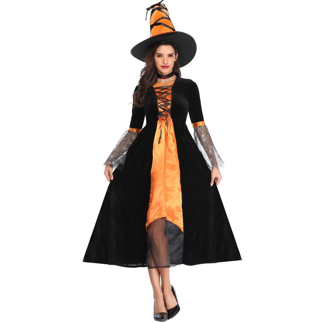 

One piece for shippingOrange Halloween Witch Costume Cosplay Cobweb Wizard Costume Demon Vampire Witch Dress