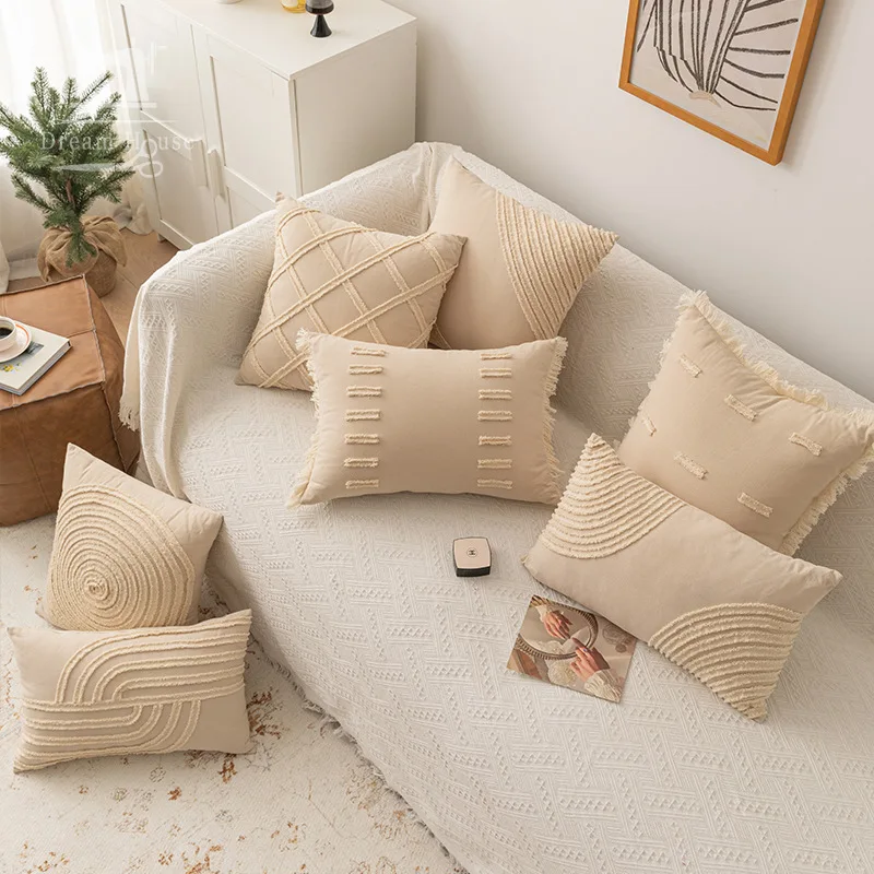 

Beige Boho Decor Cushion Cover 45x45cm Pillow Cover with Tassel Cotton Linen Wabi-sabi Style Pillow Cover Bed Sofa Living Room
