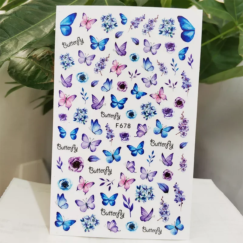 

3D Nail Sticker Decals Self-adhesive Design Stickers for Nails Blue Butterfly Flowers Stickers for Manicure Nail Art Decoration