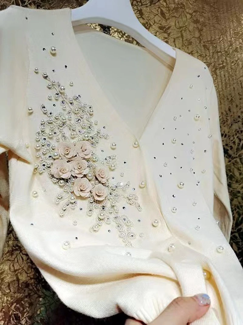 Весна-Осень 2024 роскошный Искрящийся вязаный кардиган с бисером Женский тяжелый