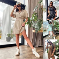 womens dress summer fashion solid color high waist pleated dress womens casual short sleeve button v neck pullover dress