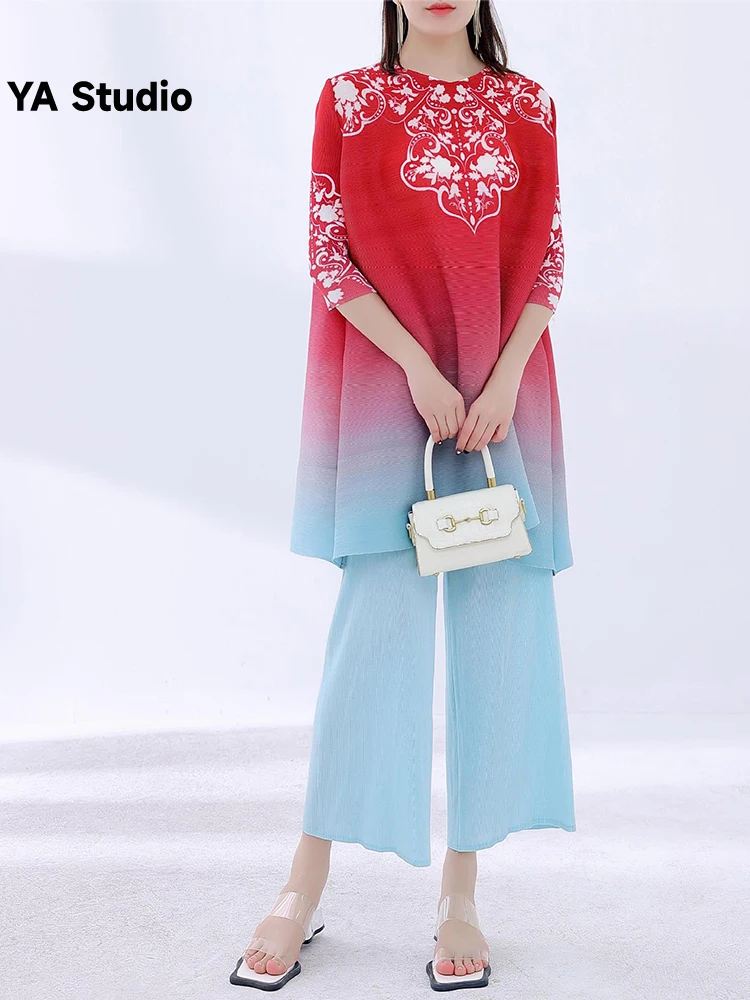 

[YA Studio] Pleated Gradient Printing Style Coat Sleeve Top Loose 9/4 Pants Set Women Summer Autumn 2023 New Fashion