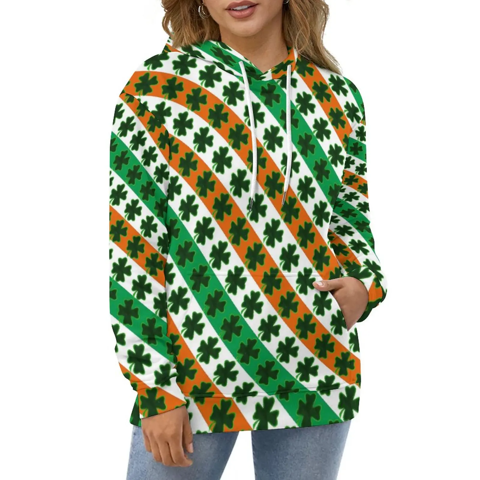 

St Patricks Day Hoodies Shamrock And Stripes Hip Hop Oversized Hoodie Woman Long Sleeve Trendy Graphic Casual Hooded Sweatshirts