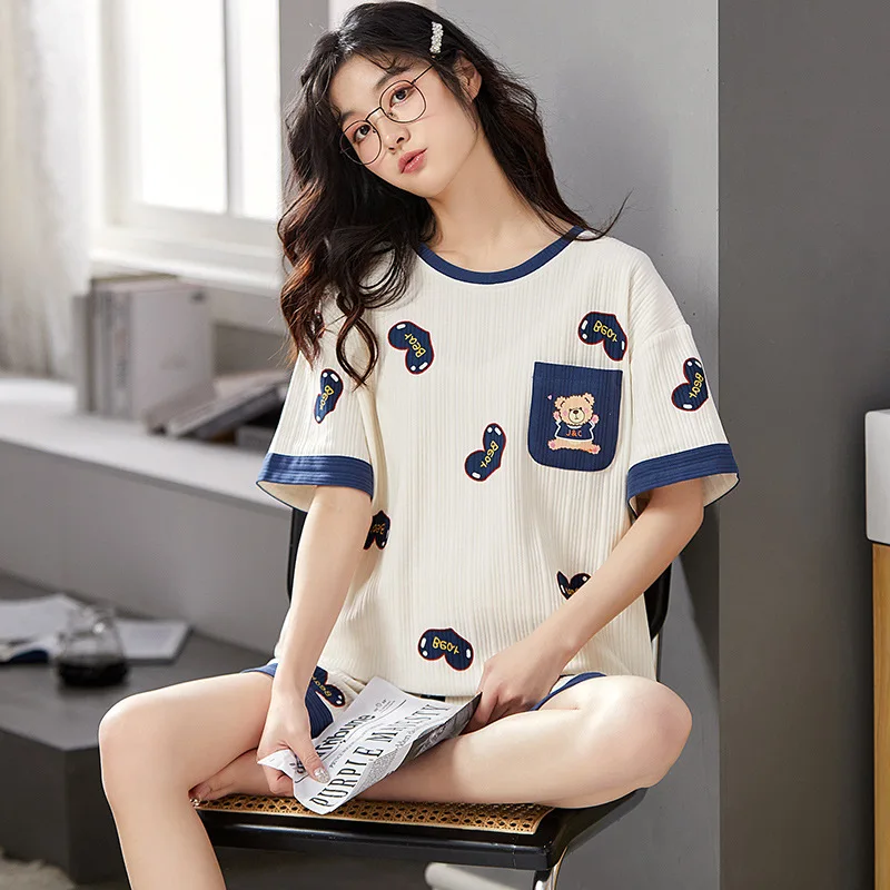 Women Pajama Sets Summer Cotton Pajamas Girls Cartoon Night Wears  Suit Casual Sleepwear Short Sleeve Nightgown Homewear Fashion