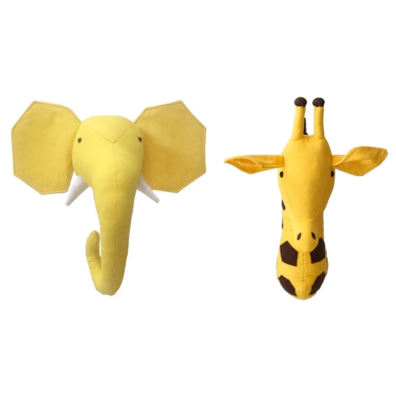 

2Pcs 3D Animal Head Wall Cute Stuffed Wall Hanging Toys Kids Room Animal Wall Sculptures - Giraffe & Elephant
