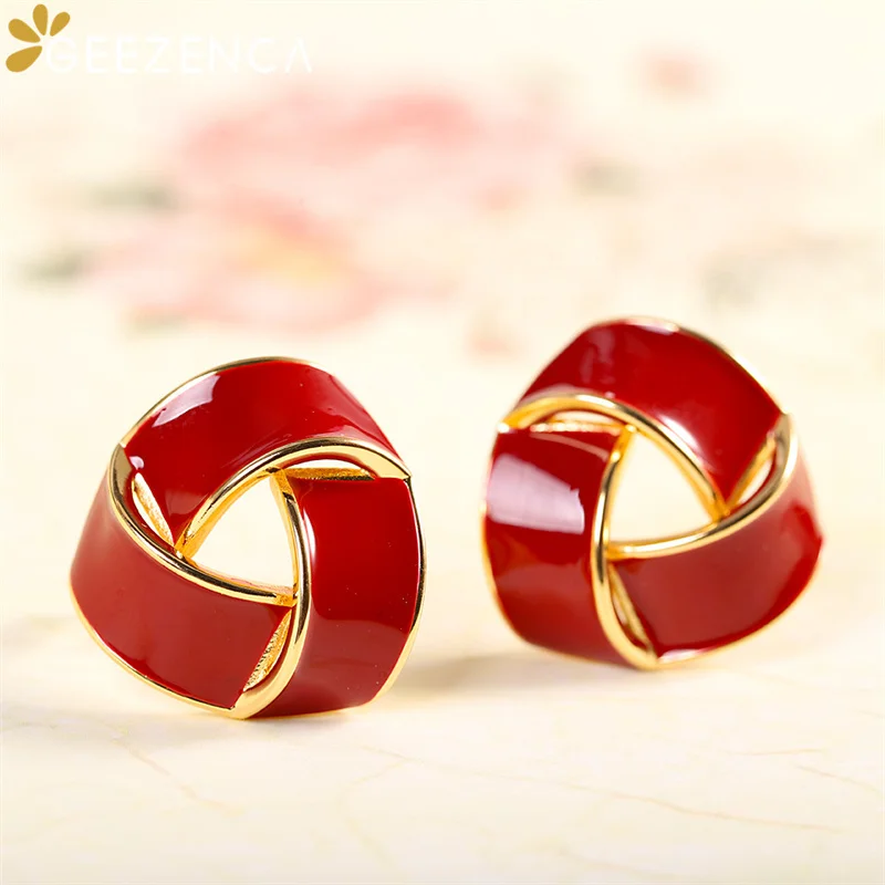

GEEZENCA S925 Silver Gold Plated Red Glaze Stud Earrings For Women Irregular Mobius Minimalism Geometric Earring 2022 New Trend