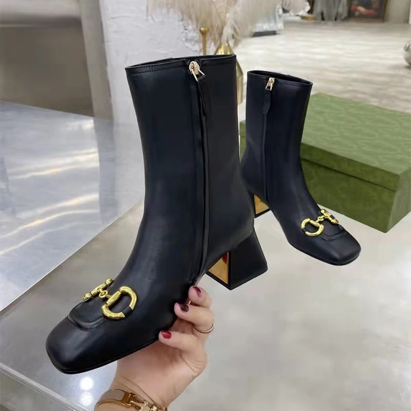 

Luxury Thick Heel White Chelsea Boots 2022 New Square Head Metal Buckle Short Boots Women's Side Zipper Women's Shoes