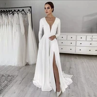 white elegant long sleeve prom evening dresses vestidos de noche stretch satin v neck sexy side slit party robe soir%c3%a9e femme
