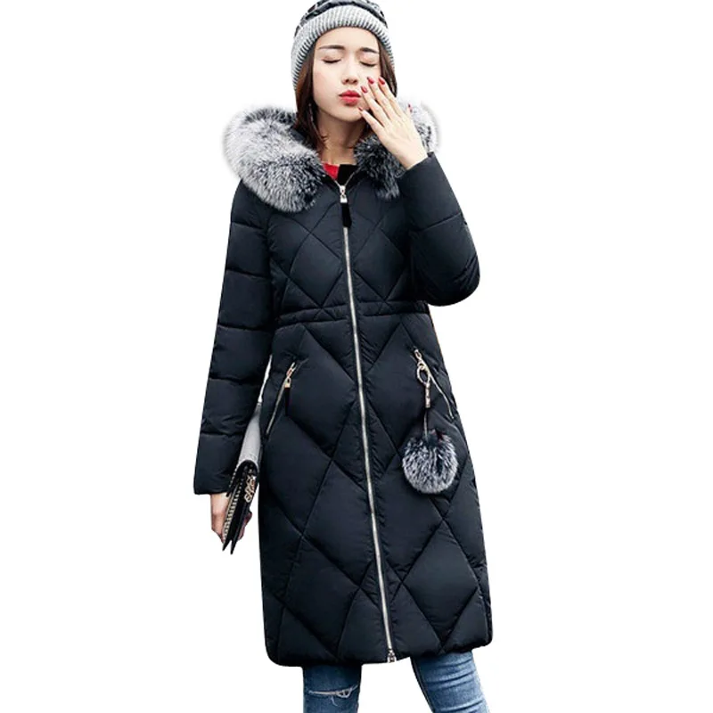 Big fur winter coat thickened parka women stitching slim long winter coat down cotton ladies down parka down jacket women
