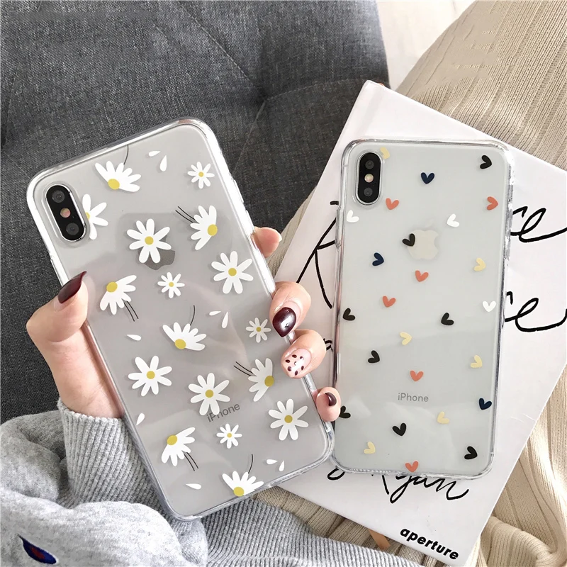 

Ottwn Clear Phone Case For iPhone 11 Pro 12 13 Pro Max 7 8 Plus XS XR X Love Heart Daisy Flowers Soft Silicone Cover Back Cases
