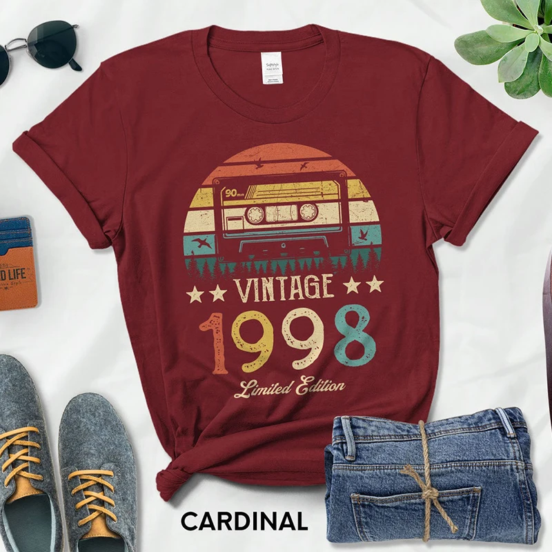 

Vintage 1998 Limited Edition Cassette Women T Shirt 25th 25 Years Old Birthday Fashion Tshirt Mother Wife Idea Classic Top Tee