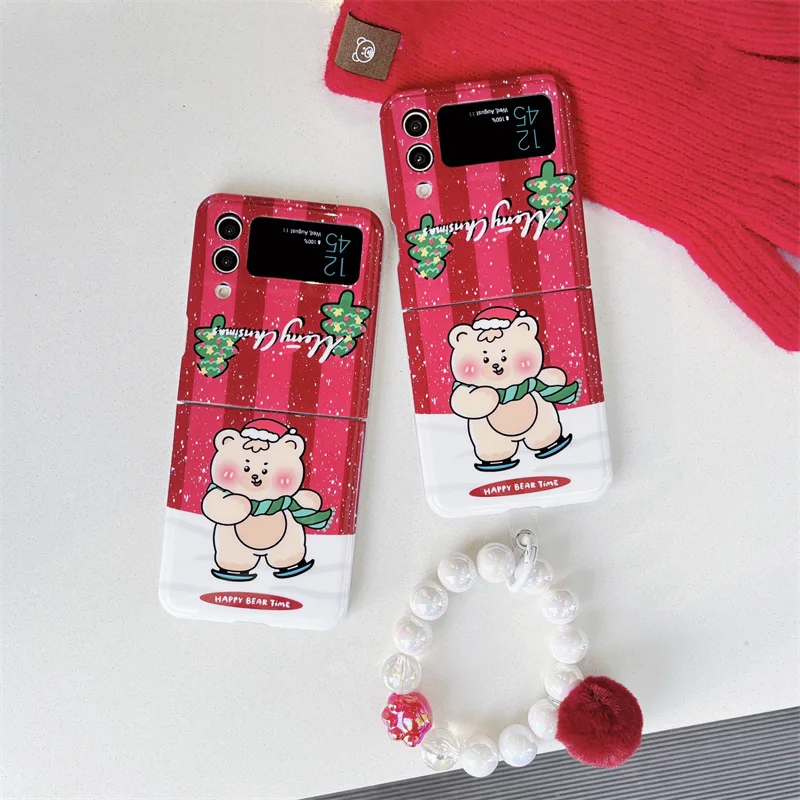

Happy Christmas Skating Bear Phone Case for Samsung Galaxy Z Flip 3 Z Flip 4 Hard PC Back Cover for ZFlip3 ZFlip4 Case Shell