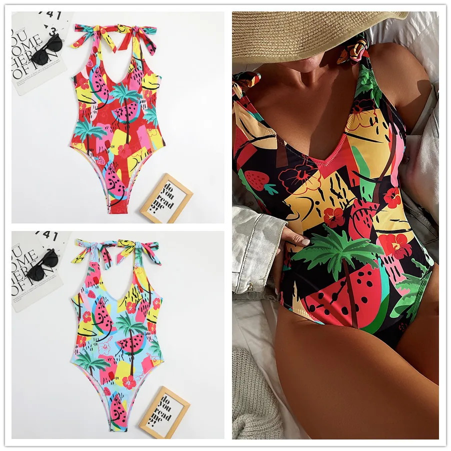 

Женский слитный купальник с принтом, купальники на бретелях с глубоким V-образным вырезом и открытой спиной, купальный костюм на шнуровке, женский купальник с высокой талией, 2023