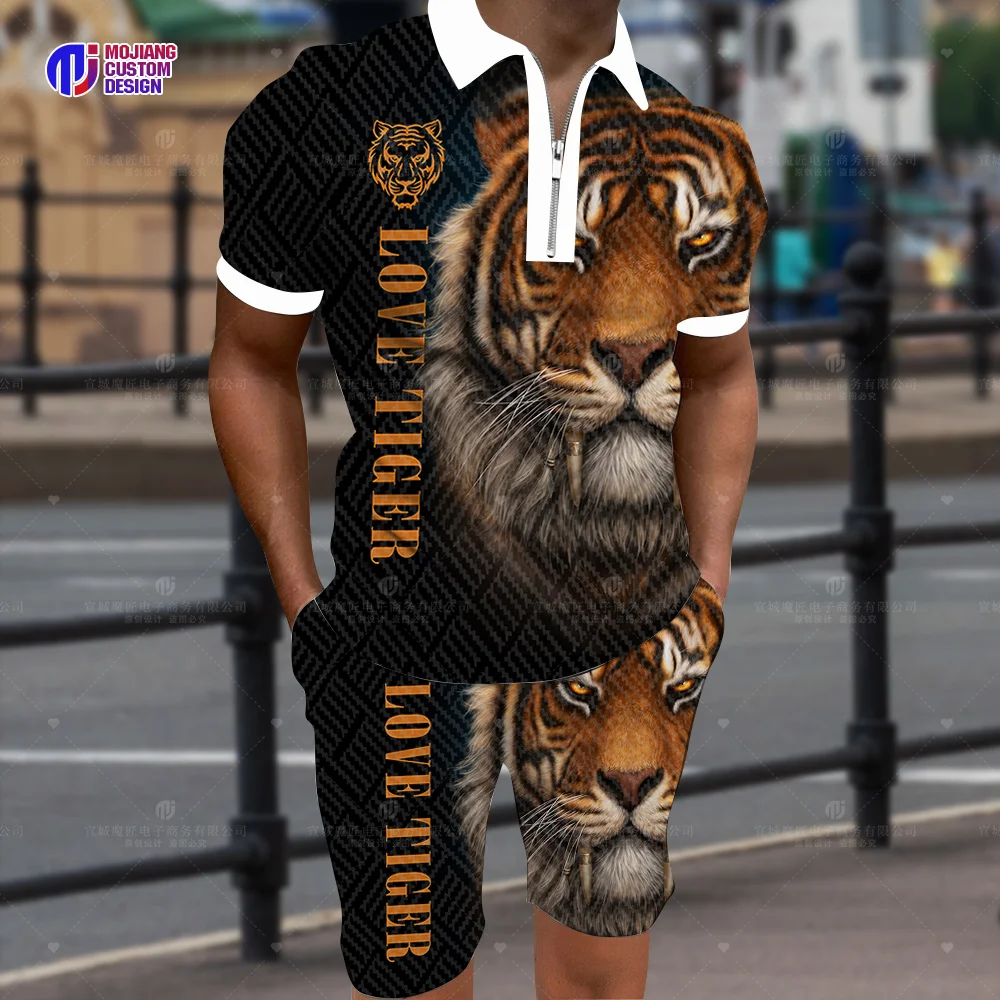 Cool The Tiger 3d Printed Polo Shirt/Shorts/Suit Summer Casual Lapel Short-Sleeved Animal Sportswear Two-Piece Sportswear