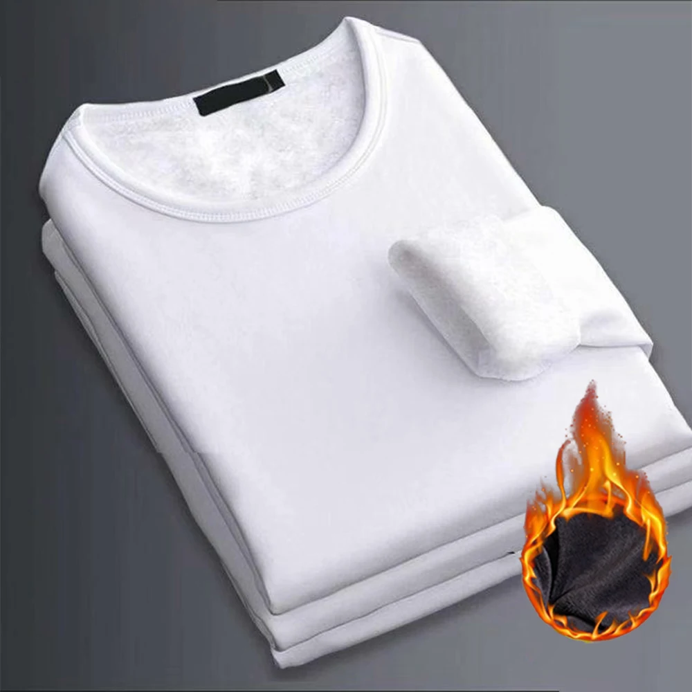 

Men Autumn Winter Thermal Tops Underwear Fleece Thickened Crew Neckline T-Shirt Slim Comfortable Padded Bottom Warm Clothes