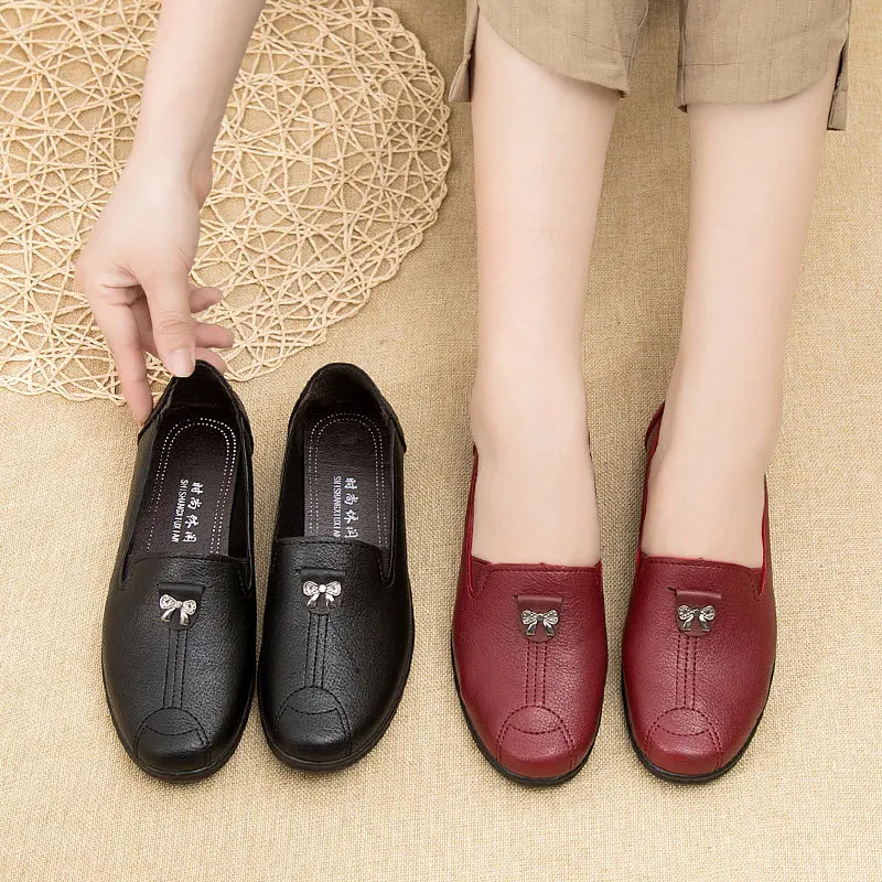 Fashion Leather Women Loafers Elegant Luxury Shoes Bowtie Flats Slip on Ladies Sewing Comfortable Mom Shoes Soft Sole Moccasins