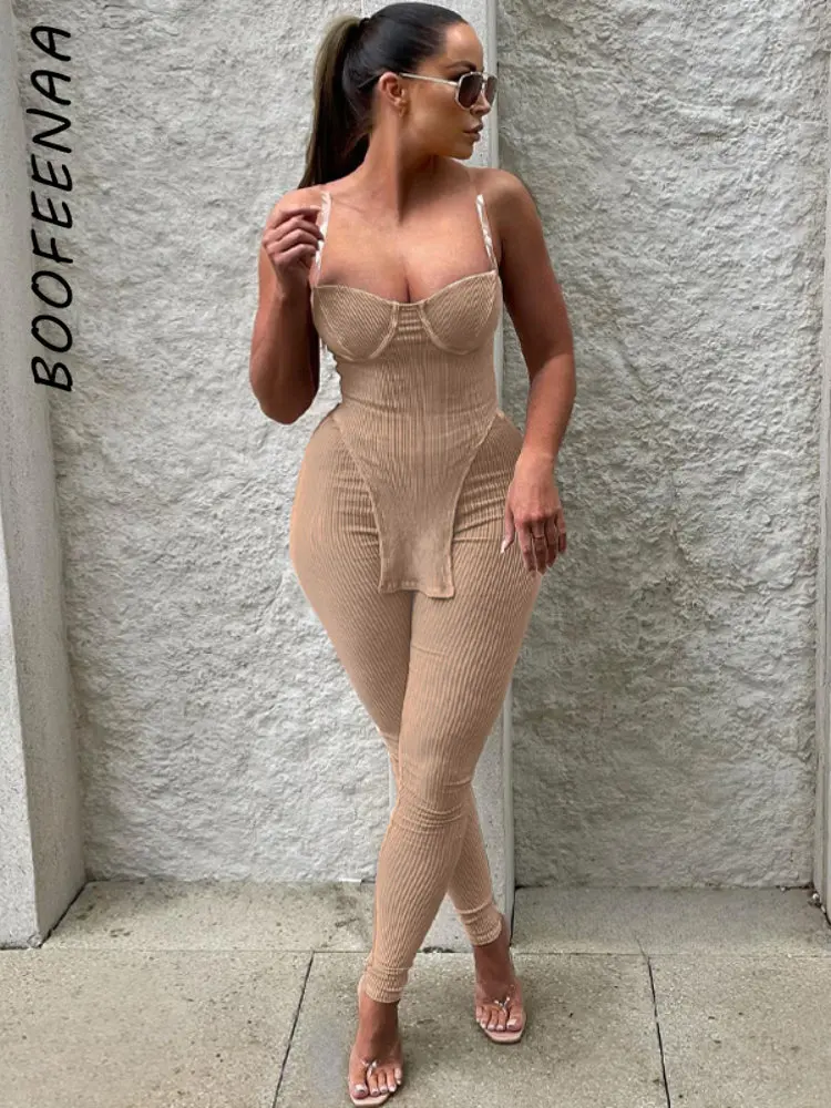 

Повседневный трикотажный комплект BOOFEENAA из 2 предметов в рубчик, женская одежда, топ на бретельках из ПВХ и брюки, подходящие комплекты, летняя одежда