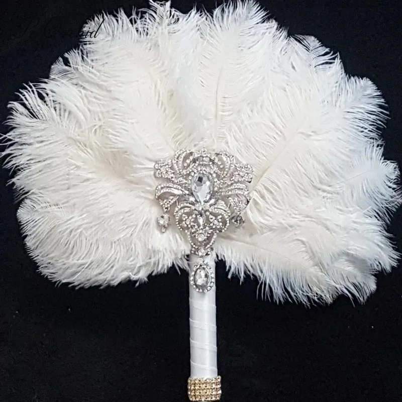 

PEORCHID Alternative Feather Bridal Fan Wedding Bouquet Brooch Crystals Bridesmaid Great Gatsby Style 1920's Wedding Hand Fan