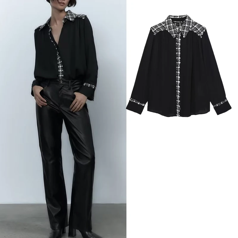 

Fall 2022 New Black Single breasted Textured Collar Long Sleeve Shirt Loose Slim Commuter Versatile Women's Shirt