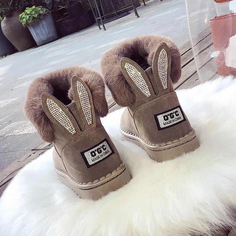 Ahaolee 2022 Fashion Snow Boots Women Winter Warm Sweet Boots Fluffy Hairy Rabbit Ear Middle Calf Platform Flat Ankle Boots