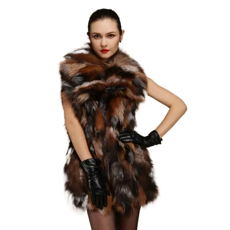 Real Natural Genuine Fox Fur Vest  Women Fashion Sliver Fox Gilet With Collar Jackets Ladies Luxury Fluffy Thermal Outwears