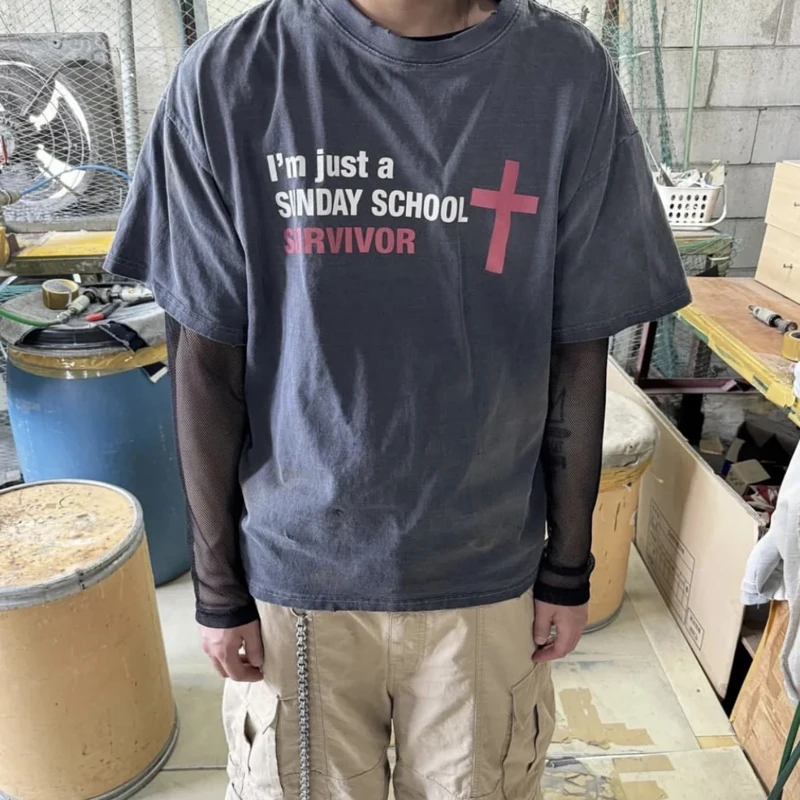 Футболка Stain Black Washed Project GR Хлопковая свободная футболка 2025 Лето Мужчины Женщины