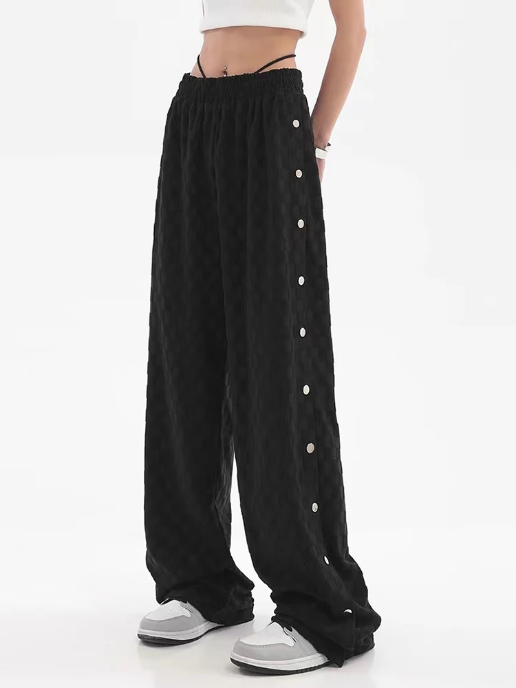 

2022 New Women Autumn Winter Drawstring Lace Up Solid Color Sweatpants Side Button Wide Leg Straight Cylinder Mopping Trousers