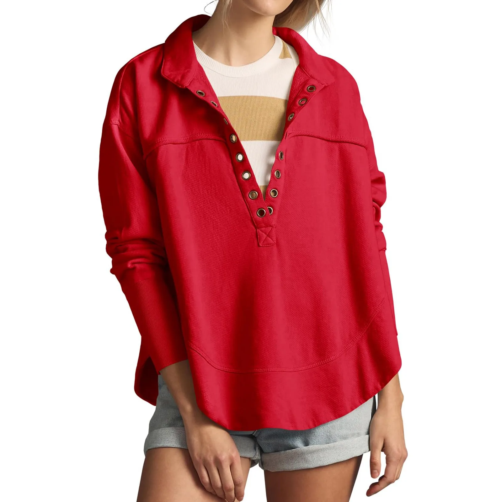 Уличная мода модный Свободный пуловер на пуговицах с воротником отворотом топ